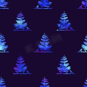 蓝色圣诞水彩画松树和雪橇无缝图案。