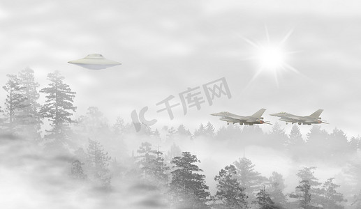 中的战斗机摄影照片_日出时迷雾森林景观中的不明飞行物