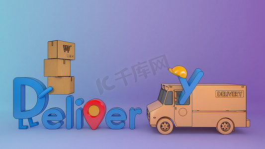 人物卡通交付字体与卡车货车和许多包裹箱。，在线移动应用程序订单运输服务，3D 渲染。