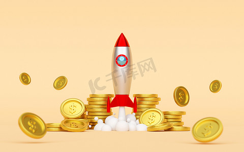 手机成功摄影照片_创业概念，火箭从地面发射美元硬币，3d 渲染