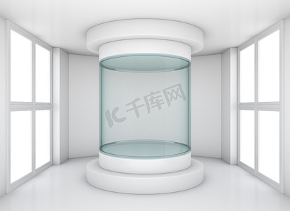 玻璃广告摄影照片_展厅内的空玻璃陈列柜