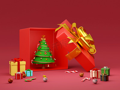 圣诞快乐，新年快乐，圣诞树装在礼盒里，圣诞装饰品，3d 渲染
