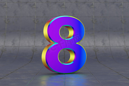 多色 3d 数字 8。瓷砖背景上有光泽的虹彩数字。 