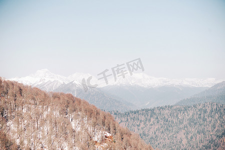 下雪的森林摄影照片_冬天的山。