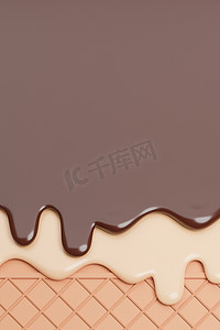 巧克力和香草冰淇淋在晶圆背景上融化。，3d 模型和插图。