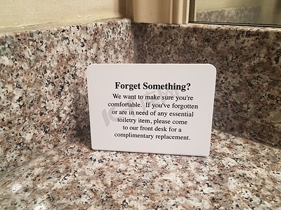 忘记在酒店浴室柜台上的东西标志