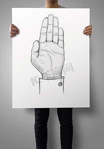 商人展示海报，以手画作为概念