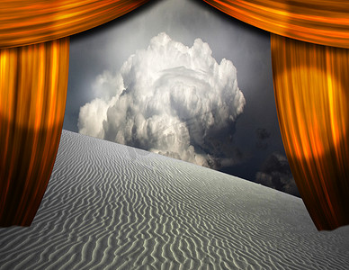 一帆风顺摄影照片_透过窗帘的开口看到沙漠金沙