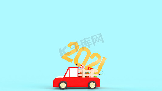 2021 年红色汽车玩具上的黄金和礼盒 3d 渲染，供庆祝者使用