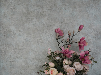 花卉背景墙摄影照片_玫瑰花束与 grunge 壁纸为背景