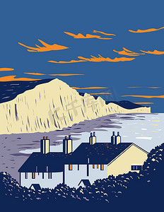 英吉利海峡的七姐妹粉笔悬崖在英国南部英格兰南唐斯国家公园内装饰艺术 WPA 海报艺术