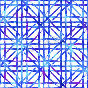 水彩画笔格子无缝图案手绘检查蓝颜色的田庄几何设计。