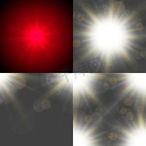 射线效果摄影照片_设置四个抽象模糊背景覆盖半透明圆圈、灯光效果和太阳爆发。