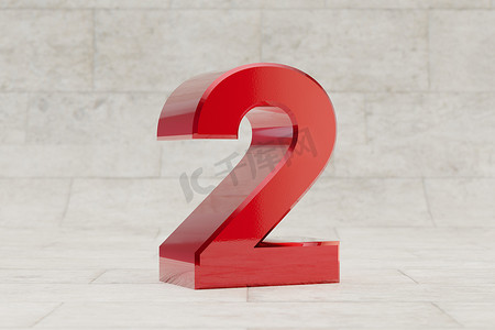 红色 3d 数字 2。石材瓷砖背景上有光泽的红色金属数字。 