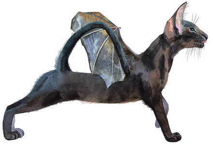 蝙蝠翅膀摄影照片_带蝙蝠翅膀的水彩东方黑猫。