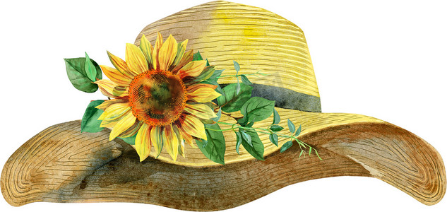 带向日葵的水彩女性黄色夏季帽子