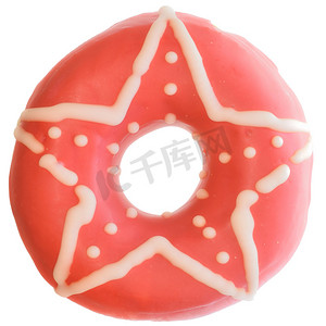 油炸星星摄影照片_粉红色釉甜甜圈与星星装饰隔离