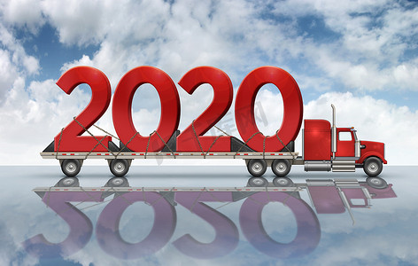 新年红色标题摄影照片_平板卡车上的红色数字 2020 - 3D 插图
