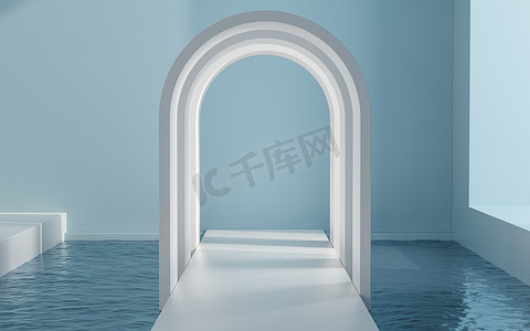空房间里的水和拱形门，3d 渲染。