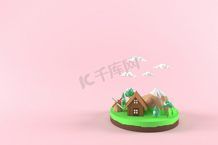 3D 插画乡间别墅与风车。 