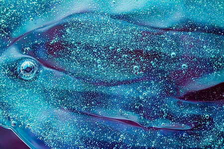 抽象海蓝宝石液体背景、油漆飞溅、漩涡图案和水滴、美容凝胶和化妆品质地、当代魔法艺术和科学作为豪华平板设计
