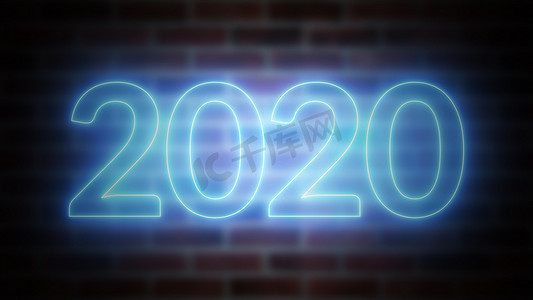 2020 年新年霓虹灯以砖砌背景为背景，由计算机生成。