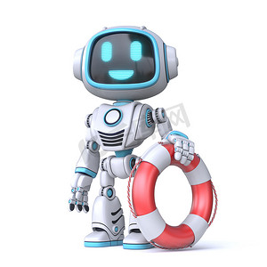 安全吉祥物摄影照片_带安全带的可爱蓝色机器人 3D