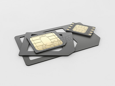 Sim 卡、micro-sim 卡、nano-sim 卡和 eSim 卡组的 3D 渲染，包括剪切路径