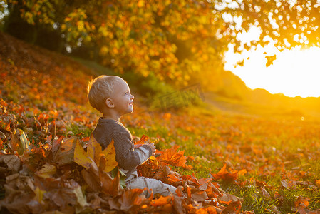 漂亮的小男孩在美丽的秋天风景背景下放松。