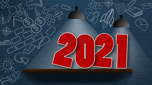 2021字摄影照片_墙上有蓝色箭头的 2021 年字