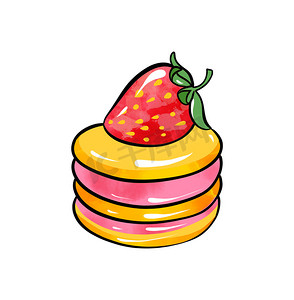 糖果彩色图画的插图：圆形蛋糕，粉黄色蛋糕浸泡在奶油中，并在白色孤立的背景上装饰着红色草莓