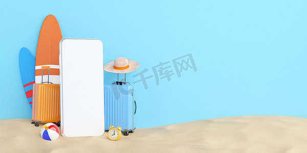 夏季在线购物概念，智能手机模型与沙滩上的旅行配件，3d 插图
