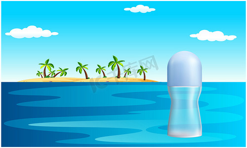 化妆品香水海报摄影照片_海滩水景中女性香水的模拟插图