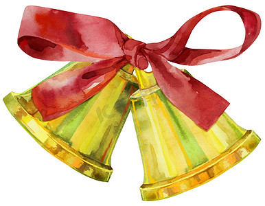 金色水彩圣诞钟声与孤立的白色背景上的红色蝴蝶结