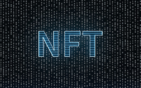 具有深色背景、3d 渲染的 NFT 不可替代令牌概念。