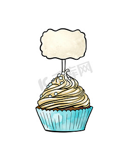 糖果彩色图的插图：白色孤立背景上带有记事板的奶油纸杯蛋糕