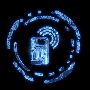 计算机芯片上的发光蓝色智能手机符号