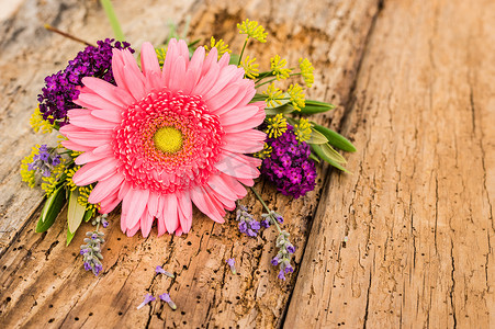 浪漫的一束花，在质朴的木头上放着粉红色的非洲菊