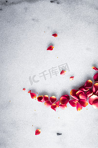 玫瑰平面摄影照片_大理石背景上的玫瑰花瓣、花卉装饰和婚礼平面、用于活动邀请的节日贺卡背景、平面布局设计