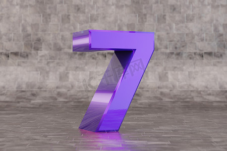 紫色 3d 数字 7。平铺背景上有光泽的靛蓝数字。 