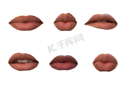 艺术嘴唇摄影照片_杂志风格的拼贴画与情感女性的嘴唇手势集。