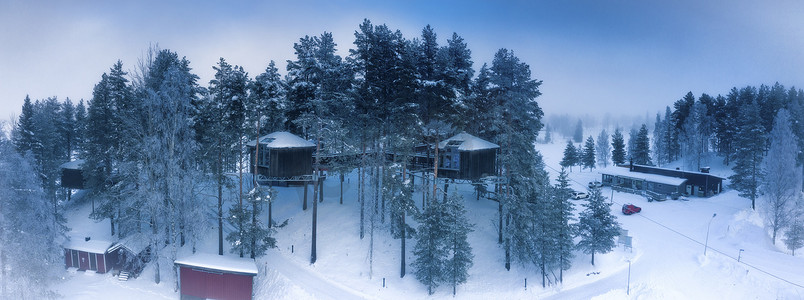 瑞典格拉诺2020年2月8日：鸟瞰树冠高处的鸟巢、格拉诺贝卡辛的房屋、瑞典亚北极美丽的乌梅里河冬季雾蒙蒙的海岸的旅游胜地