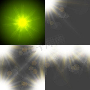 射线效果摄影照片_设置四个抽象模糊背景覆盖半透明圆圈、灯光效果和太阳爆发。