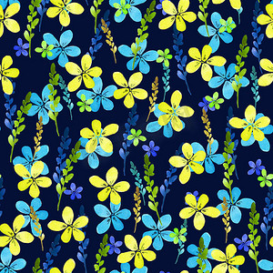 无缝花纹与水彩蓝色黄色花朵和叶子在背景上的复古风格。 
