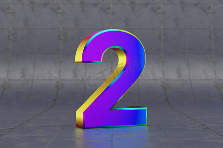 多色 3d 数字 2。瓷砖背景上有光泽的彩虹色数字。 