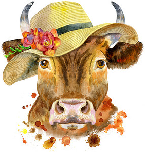 带小苍兰的夏季帽子中一头红牛的水彩插图