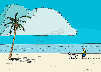 在海滩上的棕榈树附近遛狗