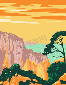 法国南部地中海沿岸 Belvedere 的 Calanques 国家公园或 Parc National Des Calanques 装饰艺术 WPA 海报艺术