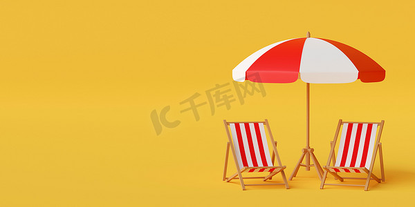 最小的暑假概念，带黄色背景椅子的沙滩伞，3d 插图