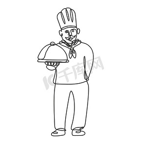 厨师厨师或面包师拿着盘子前视图连续线图